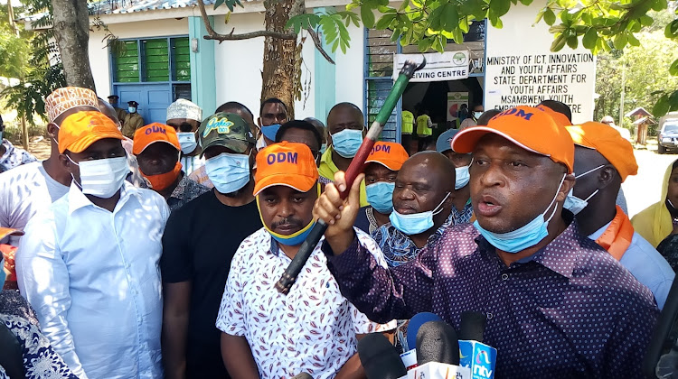 Kwale Senator Issa Boy and ODM candidate Omar Boga with other leaders addressing the media in Msambweni, Kwale, in October.