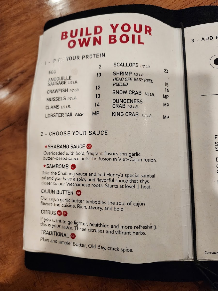 Swamp Boil gluten-free menu