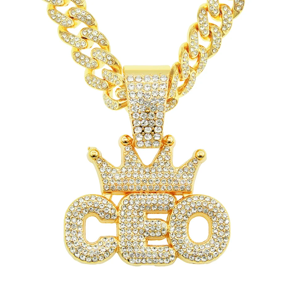 Europese Hip Hop Full Diamond Kroon Letters Hanger Cubaanse Ketting, voor een opvallende, luxueuze uitstraling.
