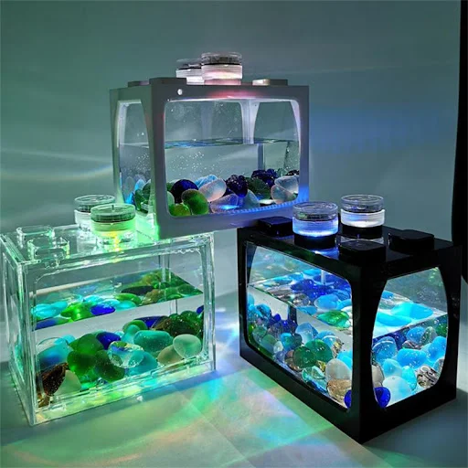 Mini Transparent Desktop Fish Tank With Light Portable Aquarium Fish Keeper Fishbowl For Office Landscape Building Block