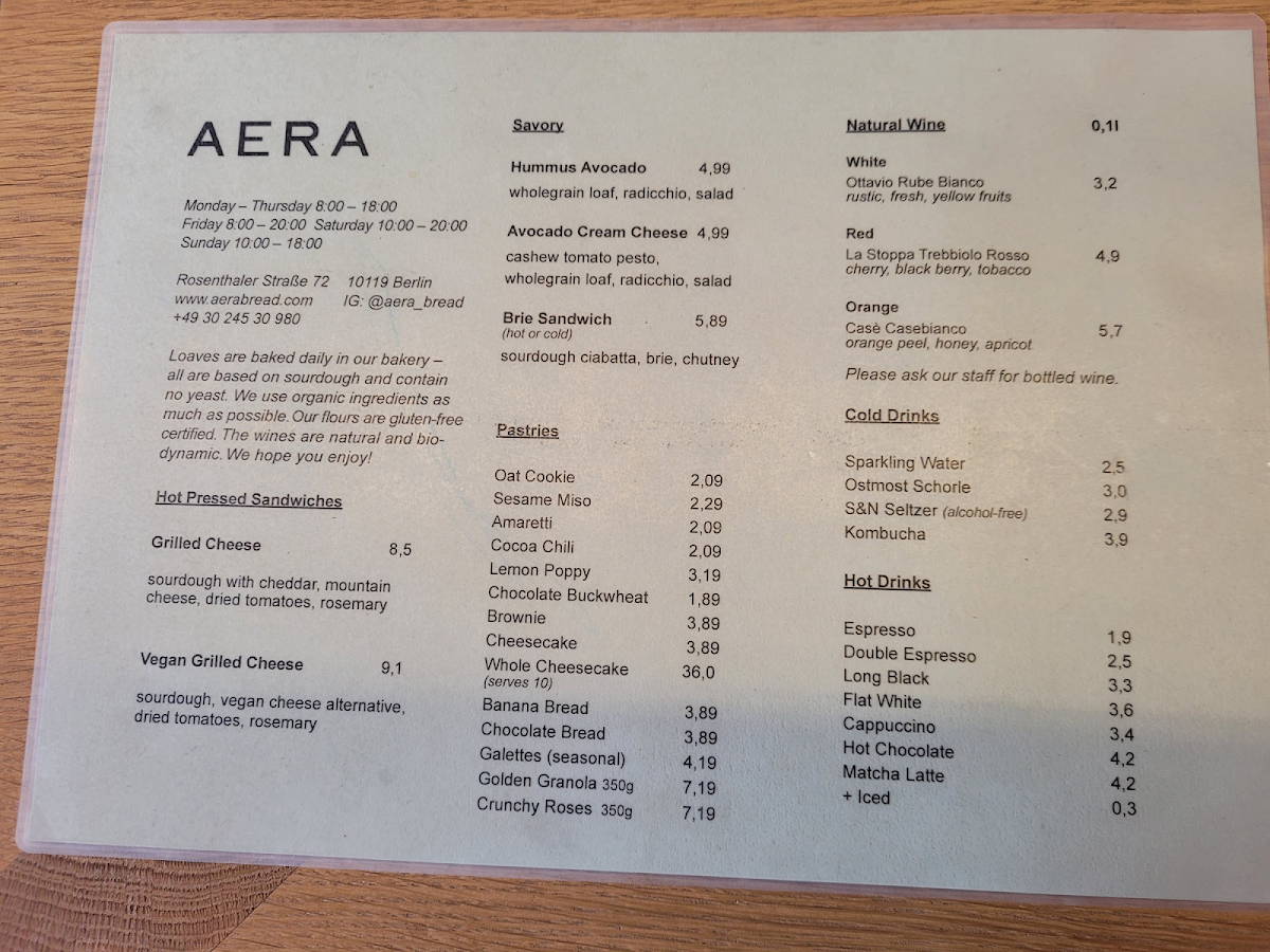 AERA gluten-free menu