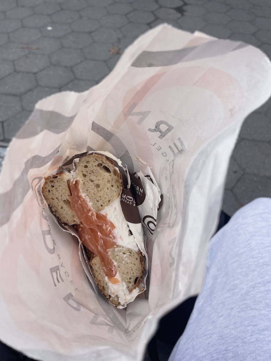 Smoked salmon and vegan cream cheese bagel on a sesame seed bagel. 10/10