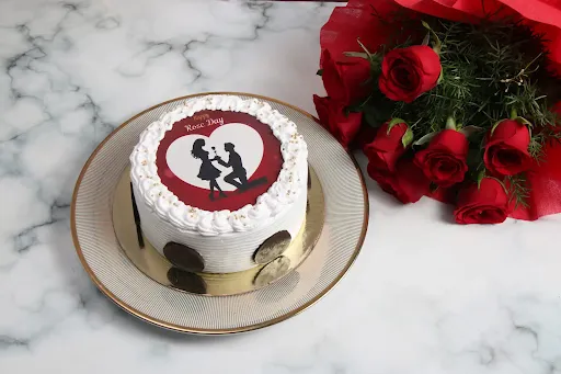 Rose Day Cake [500 Grams] With Red Rose Bouquet