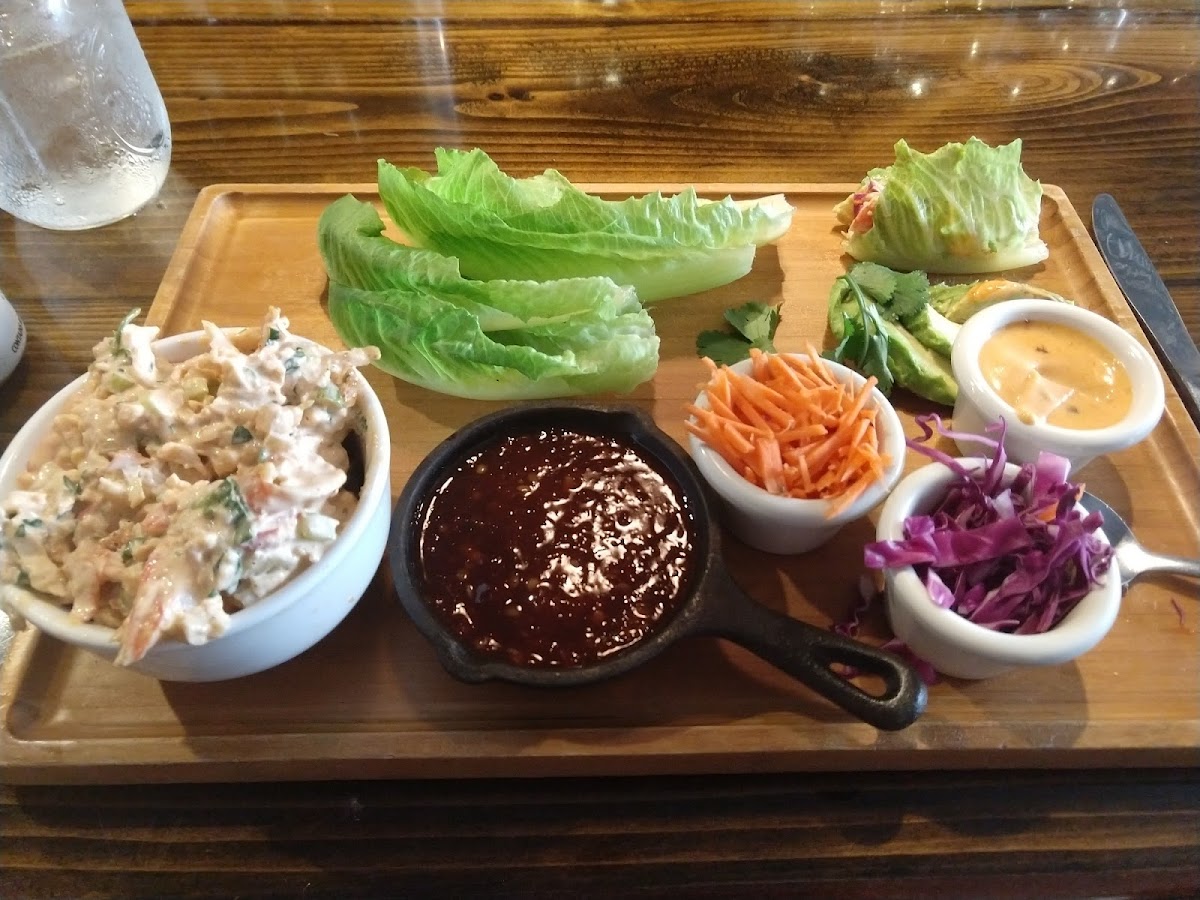 Lobster salad lettuce wrap.  Delightful, spicy, fresh.  Celiac approved!