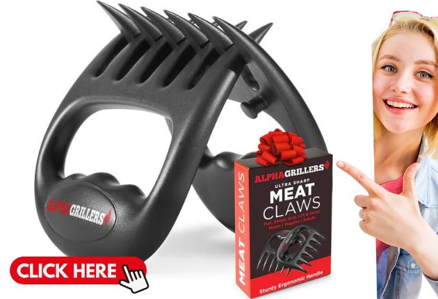 Girl pointing at meat claw BBQ product
