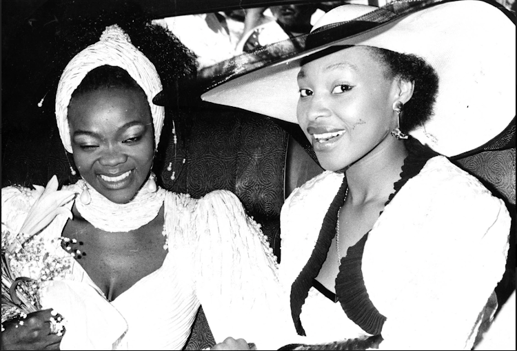 Brenda Fassie and Yvonne Chaka Chaka at Brenda's wedding to Nhlanhla Mbambo, 1989.