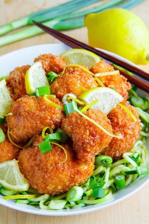 Crispy Honey Lemon Cauliflower on Chili and Garlic Stir Fried Zoodles