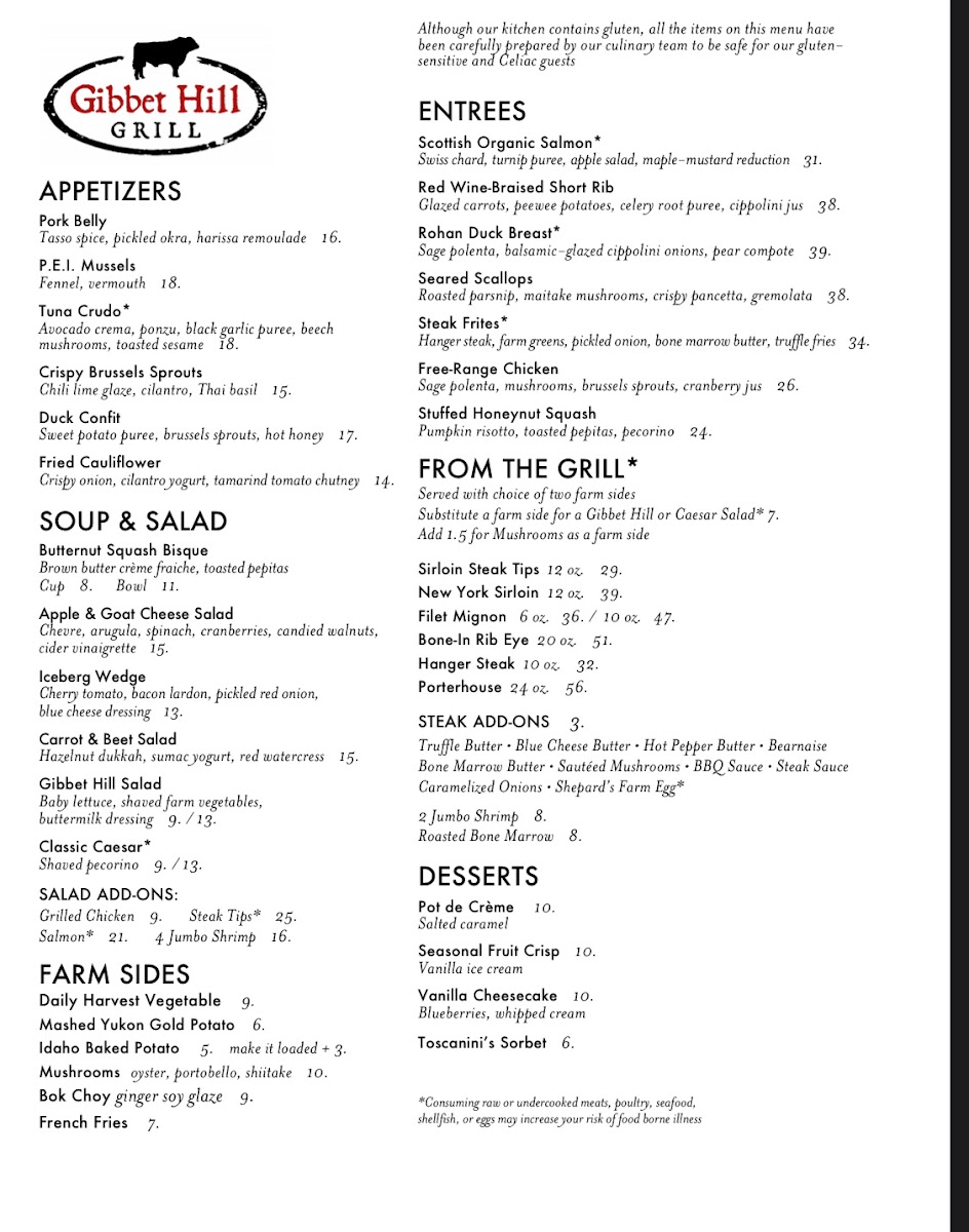 Gibbet Hill Grill gluten-free menu