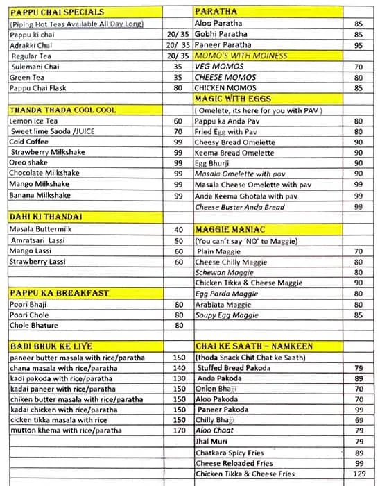 Pappu Chaiwalla menu 