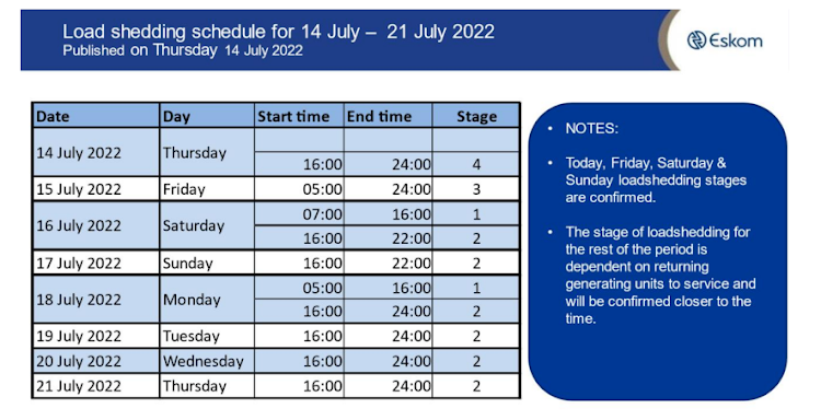 Stage 4 load-shedding will be implemented from 4pm to midnight on Thursday.