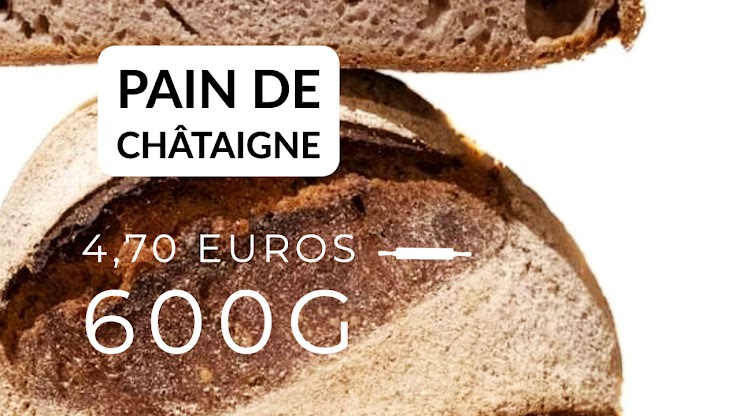 Ingrédients : farine de blé bio T80 et 30% de farine de châtaigne bio d’Ardèche,  du  levain naturel de seigle, sel de Guérande, eau.
