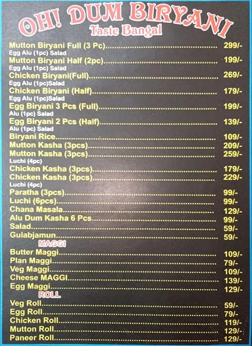 Oh Dum Biriyani menu 