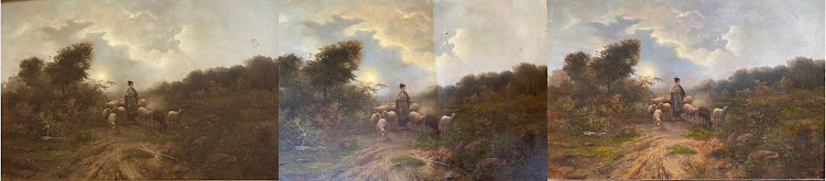 'Woman and Sheep' before, during, and after restoration by expert Ernest Bellingan.