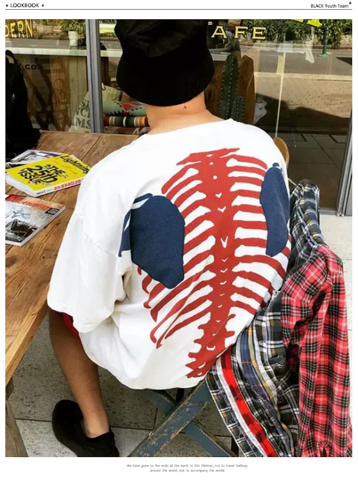 Cardiopulmonary back skeleton printing oversize short sleeves