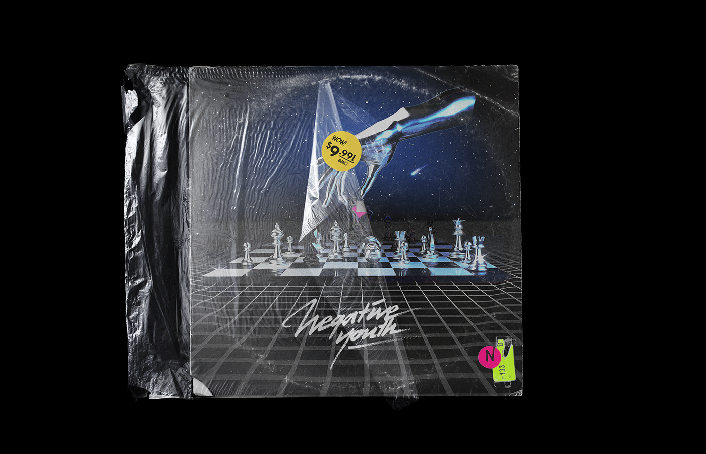 Album cover artwork design and illustrated chess board airbrush for electro band record cover art.