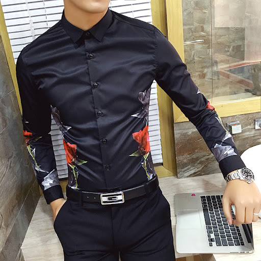 Title 2, Mens long-sleeved shirt with red and black ros...