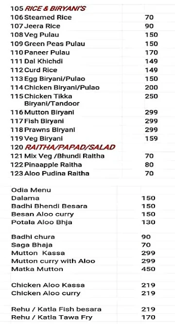 The Chilika Restaurant menu 