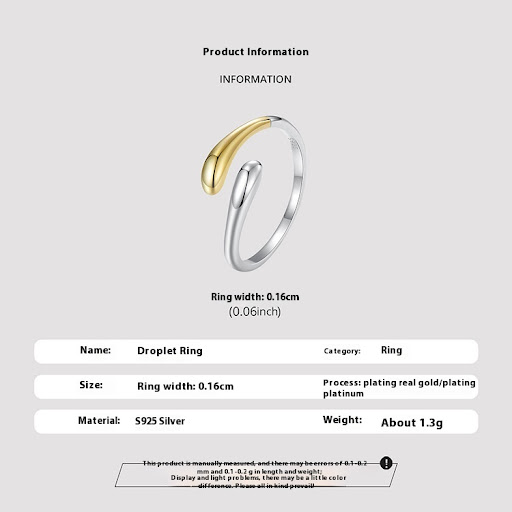 Title 2, Bague ouverte goutte deau plaquée argent S925,...
