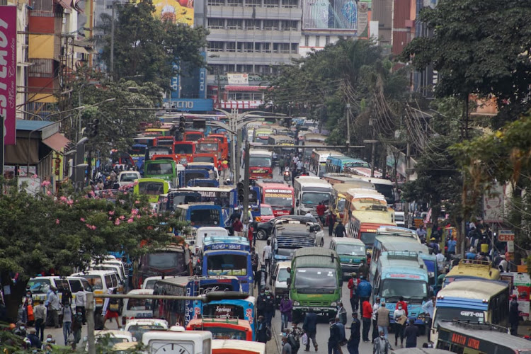 PSV minibuses on a congested Tom Mboya Street in Nairobi/