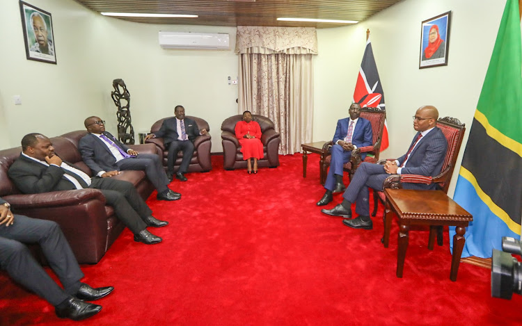 President William Ruto, Mama Rachel Ruto, Prime Cabinet Secretary Musalia Mudavadi in Tanzania ahead of the 60th anniversary of the Union of mainland Tanzania and the island of Zanzibar on April 25, 2024.