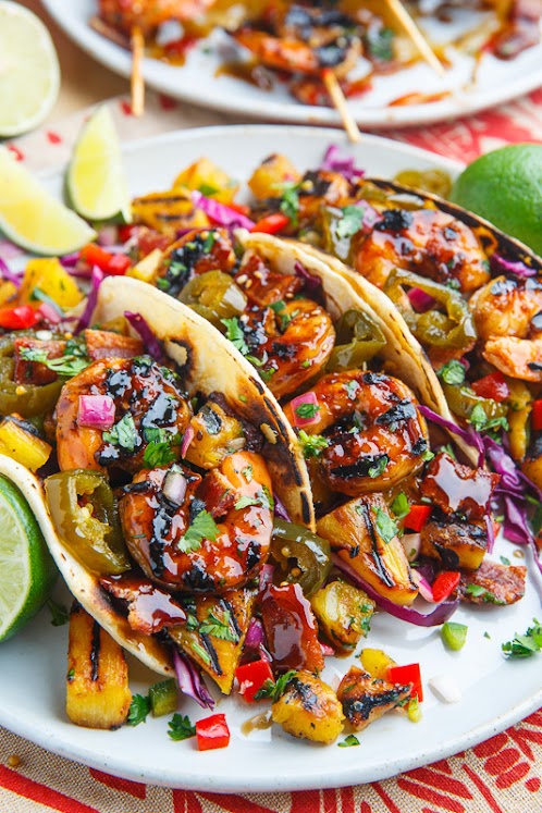 Teriyaki Grilled Shrimp and Pineapple Tacos with Candied Jalapeno and Bacon