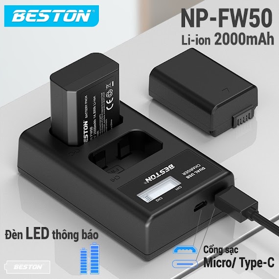 Bộ 2 Pin Sony Np - Fw50 2000Mah + Sạc Đôi Beston Dùng Cho Máy Ảnh Sony A6000 A6300 A6500 A7 A7 Ii A7R A7S