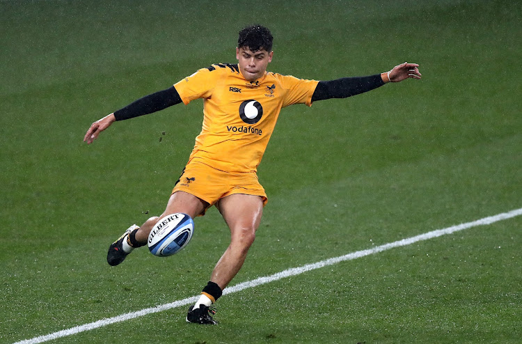 Jacob Umaga of Wasps kicks the ball upfield during the Gallagher Premiership Rugby final match against Exeter Chiefs at Twickenham Stadium on October 24, 2020 in London