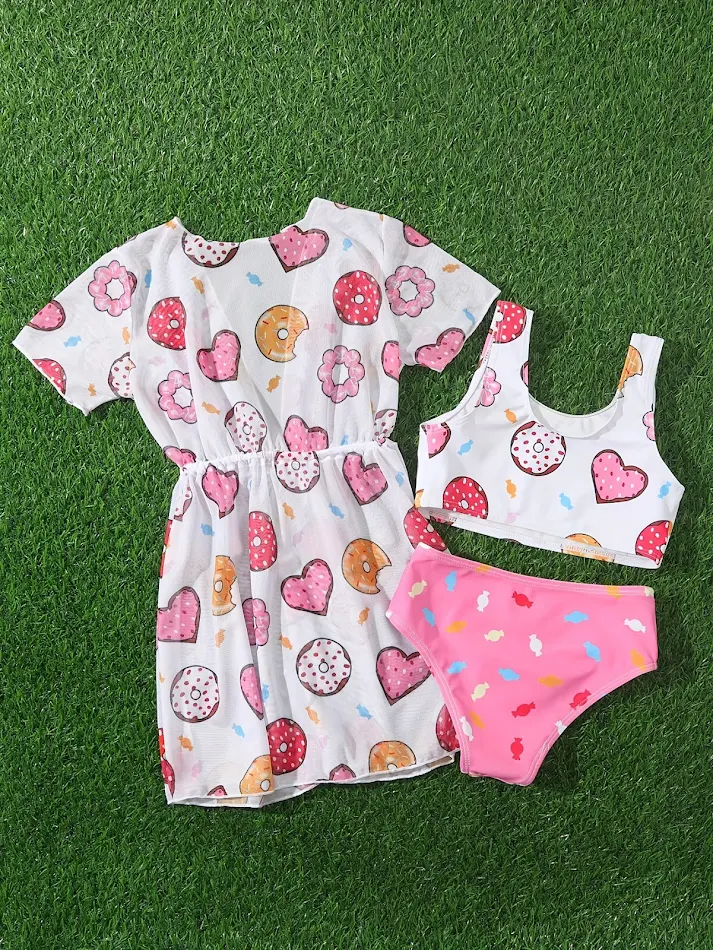 Meisjes zwempak Donut Schattige driedelige set Gesplitste zwemkleding perfect voor zwemmen en strandplezier