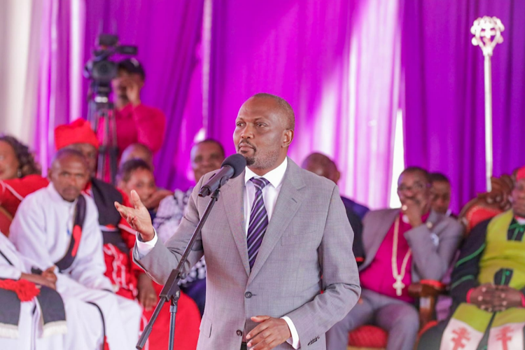 Public Service Performance and delivery Cabinet Secretary Moses Kuria speaks during a burial service at Kaibaga in Nyandarua County on March 26, 2024.