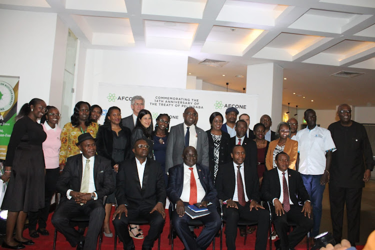 Stakeholders in the energy sector pose for a photo during the Afcone nuclear exhibition/gala at Trademark hotel on July 15, 2023