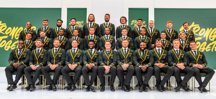 The South Africa Springbok players pose for the cameras during the Rugby World Cup 2019 squad announcement at Ulwazi Centre, MultiChoice City on August 26, 2019 in Johannesburg, South Africa.