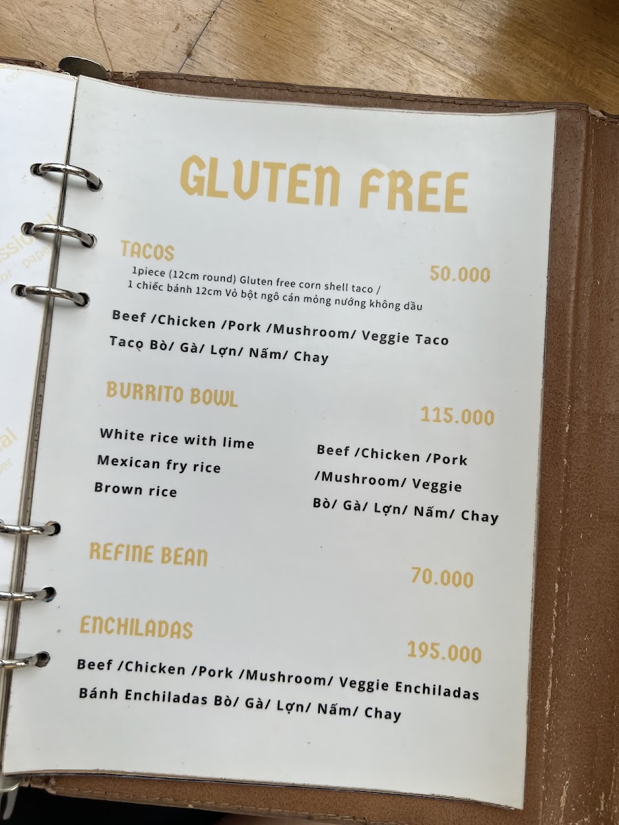 Tacos gluten-free menu