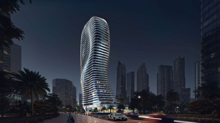 An artist's conception of the new Bugatti luxury skyscraper, with Bugatti Chiron in foreground.