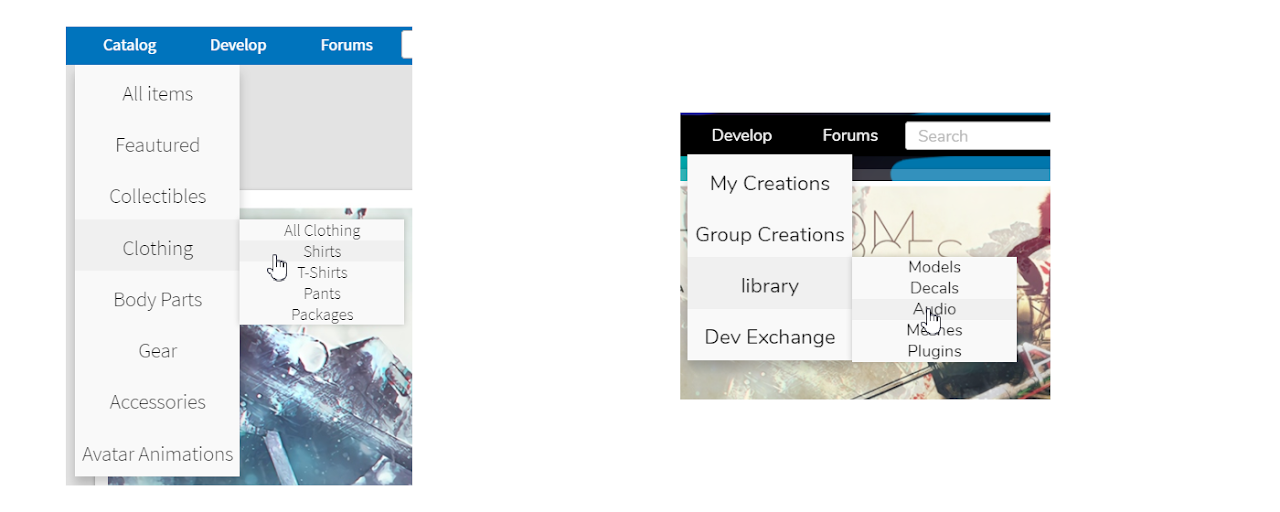 Roblox Catalog and Develop dropdown menu Preview image 2