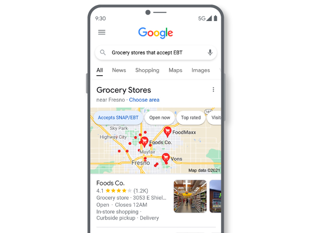 An image of a phone shows the results for a Google search: "grocery stores that accept EBT." Several pins appear on the map.