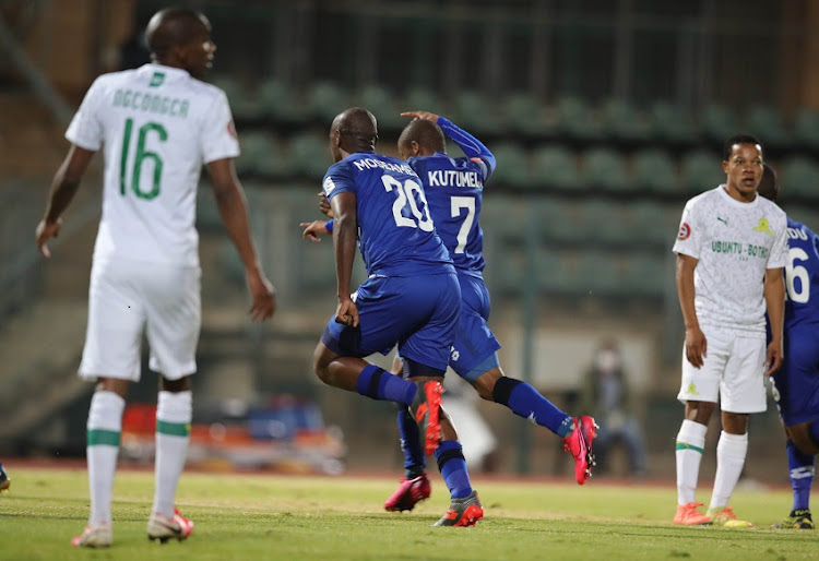 Ricardo Nascimento of Mamelodi Sundowns celebrates with teammates scoring a penalty during the Absa Premiership match between Maritzburg United and Mamelodi Sundowns at Lucas Moripe Stadium on August 20, 2020 in Pretoria, South Africa.