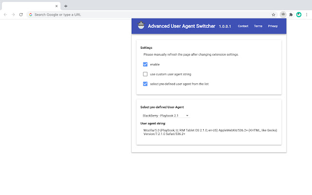 Advanced User Agent Switcher chrome extension