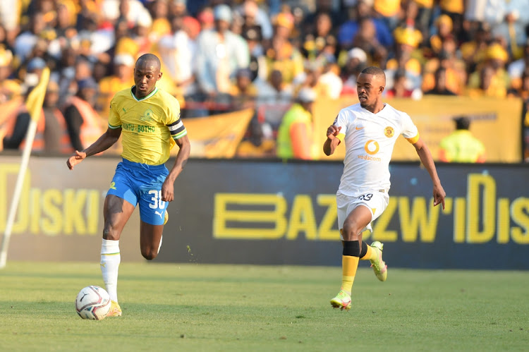 Peter Shalulile of Mamelodi Sundowns and Sabelo Radebe of Kaizer Chiefs during the DStv Premiership match at Loftus Versfeld Stadium on August 13 in Pretoria.