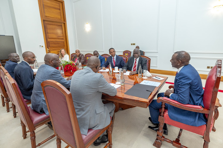 President William Ruto chairs a meeting to be briefed on progress report from South Sudan Chief Mediator Lt Gen. (Rtd) Lazarus Sumbeiywo on Mat 7, 2024.