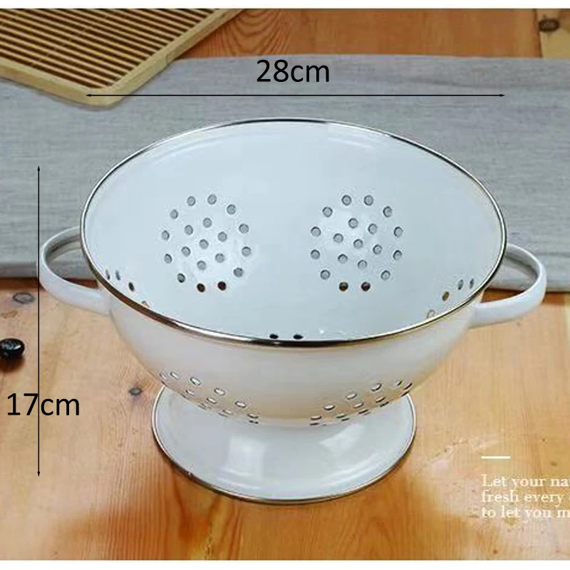 Cesta esmaltada para drenagem de vegetais e frutas, filtro de água. Perfeita para cozinha e sala de jantar. Armazenamento eficiente e prático.