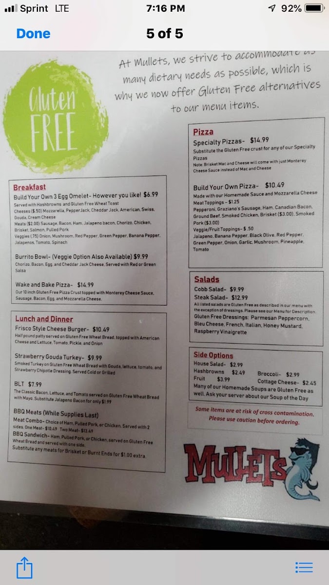 Gluten Free Menu