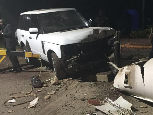 The scene of an accident in Runda estate, Nairobi, where Cooper Motor Corporation director Joel Kibe rammed into a check barrier, killing a security guard, February 2, 2016. /COURTESY