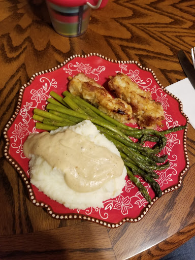 City chicken (pork) with asparagus, mashed potatoes and gravy. 