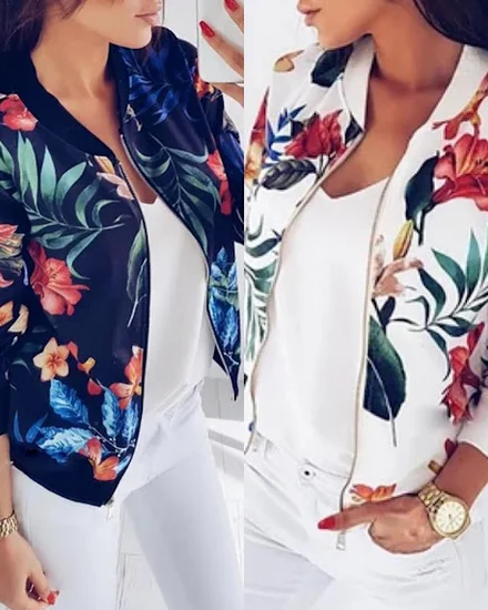 Women Floral Jackets Spring Summer Long Sleeve Zipper Pri... - 0