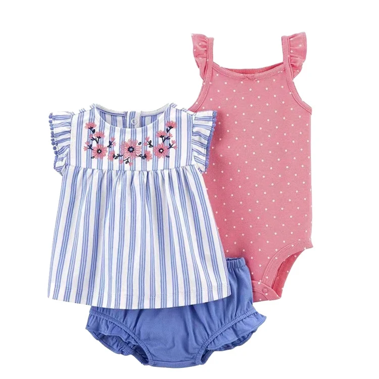 Baby meisjes korte mouwen T-shirt en short drieledig pak – Comfortabele zomeroutfit voor kleine meisjes, schattig en praktisch.