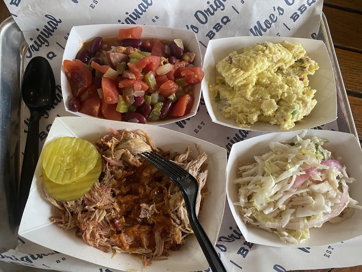 Beans and rice, potato salad, pulled pork and cole slaw