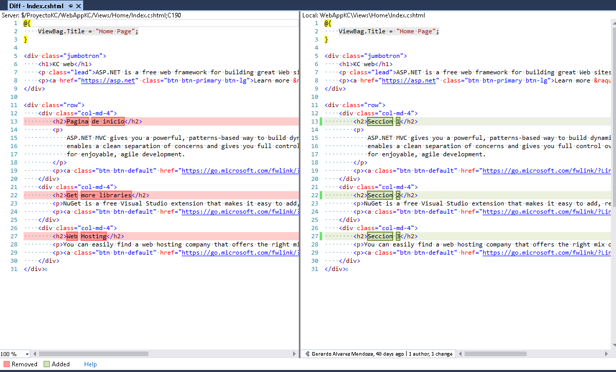 Comparar versiones de archivos de VSTS con Visual Studio 2017