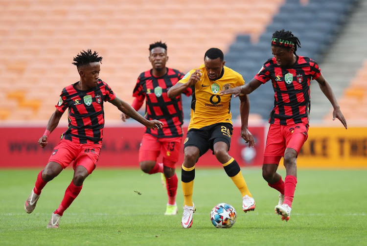 Bernard Parker of Kaizer Chiefs is challenged by Orebotse Mongae and Marks Munyai of TS Galaxy during the Nedbank Cup, Last 32 match between the two sides at FNB Stadium on February 12, 2022 in Johannesburg