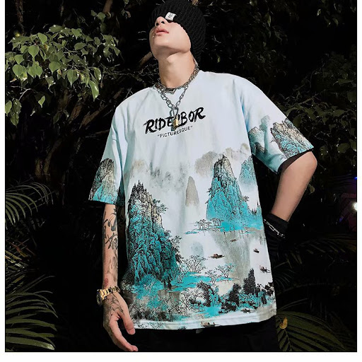 Title 1, Guofeng Landscape Print Short-sleeved T-shirt