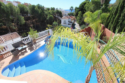 Blue pool with dolphin, terrace and lush vegetation - Property purchase in Nerja, 4 rooms, 4 bedrooms
